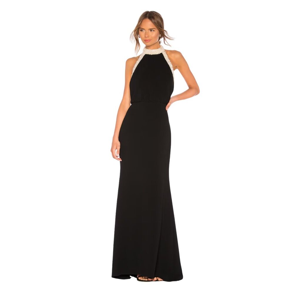 Rachel Zoe Pearl and Crystal Beaded Black Gown Dress